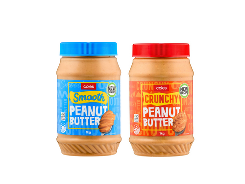 Two jars of Coles Peanut Butter, one with a blue lid and other with red lid.