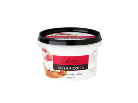 A round plastic tub with a black lid and red and black label that states La Vera Fresh Ricotta 500g