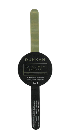 Green and black label for Dukkah - Taralinga Estate