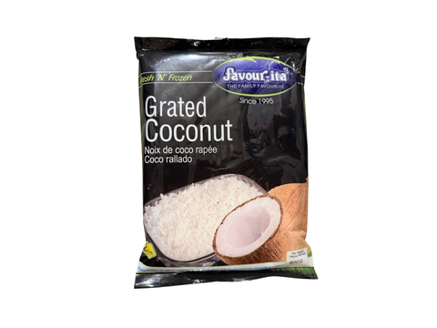 A black plastic package labelled Grated Coconut 400g