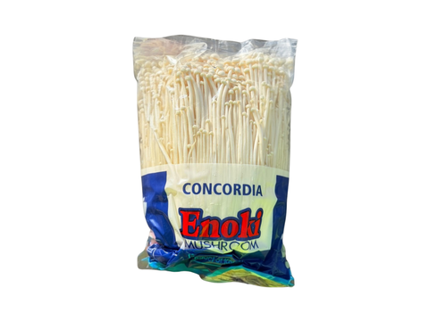A plastic pouch labelled Concordia Enoki Mushroom 350 g