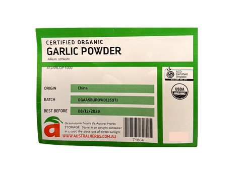 A label describing certified organic garlic powder from Austral Herbs