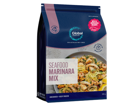 A blue plastic package labelled Seafood Marinara Mix 