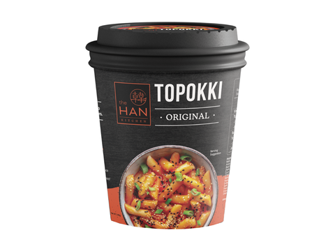 A plastic cup package labelled The Han Kitchen Topokki Cup Original 140g. 