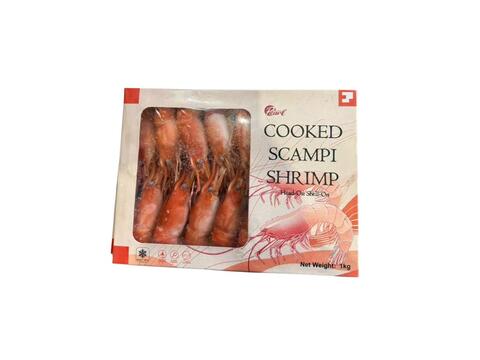 A box with window labelled Cooked Scampi Shrimp Head-On Shell-On 1kg