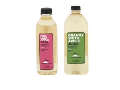 A plastic bottle labelled with Summer Snow Pink Lady or Granny Smith apple juice in 1L and 2L sizes