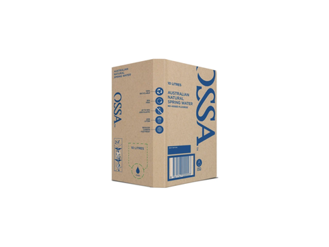 A cardboard Box labelled Ossa 10 Litres Australian Spring Water