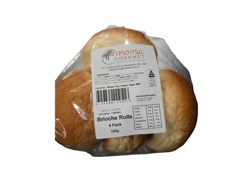 A plastic package labelled noosa GOURMET's Brioche Rolls 320g.