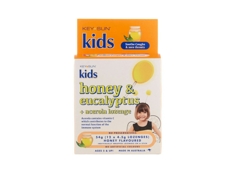 Orange and white box labelled Key-Sun Kids Honey & Eucalyptus + acerola lozenge 