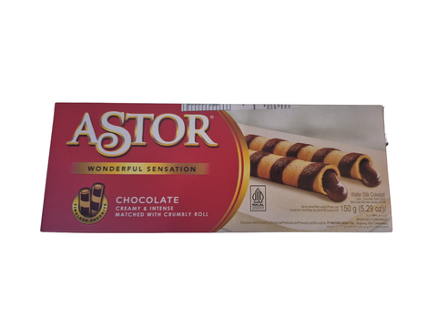 A red package with image of chocolate wafer sticks labelled ASTOR Wonderful Sensation Chocolate 150g.