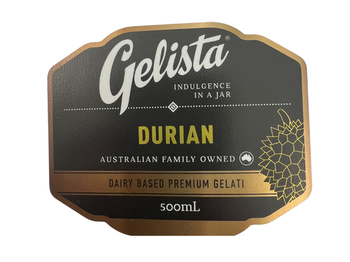 Black label with gold outline - Gelista Durian Flavour 