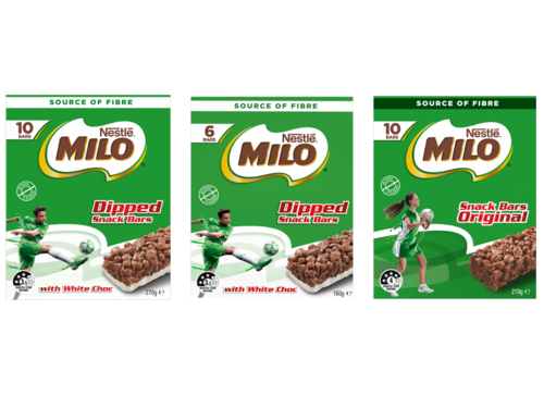 A box labelled MILO snack bars in various sizes