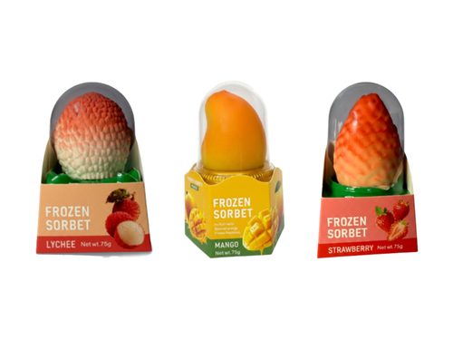 Three individual cardboard sleeves with plastic domes covering three different types of frozen sorbet 