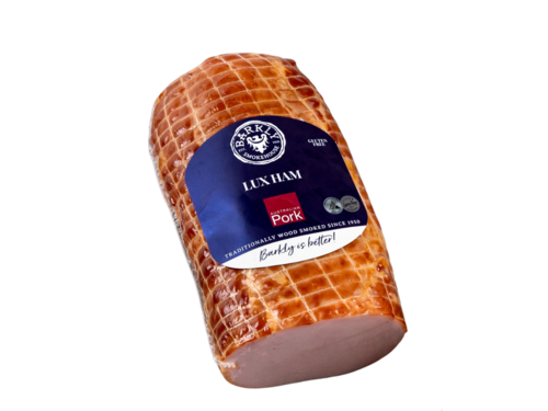 Ham in clear vacuum sealed packaging with a blue label reading 'Lux Ham'