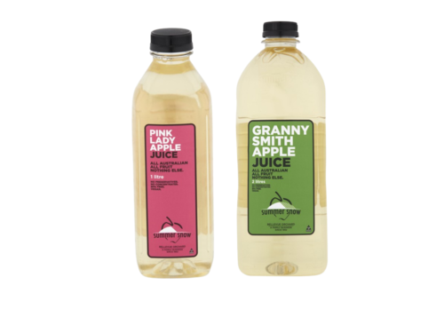 A plastic bottle labelled with Summer Snow Pink Lady or Granny Smith apple juice in 1L and 2L sizes