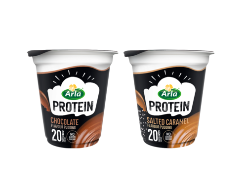 2 pots of protein yoghurt Chocolate and Slated Caramel flavour 200g, black and brown plastic pot with foil seal 