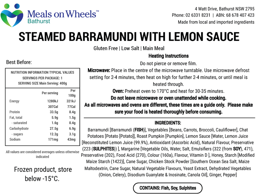Bathurst Meals on Wheels Service Inc-Steamed Barramundi with Lemon Sauce Mini Me...