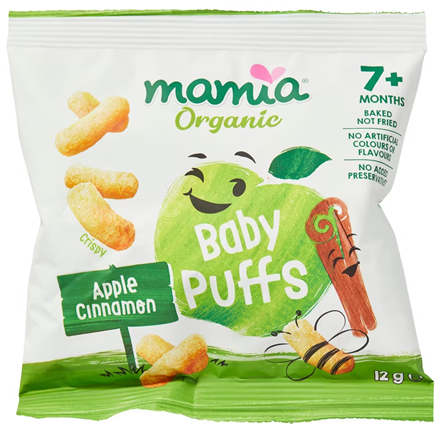 ALDI Stores - Mamia Organic Baby Puffs, Apple & Cinnamon, Blueberry and Carrot f...