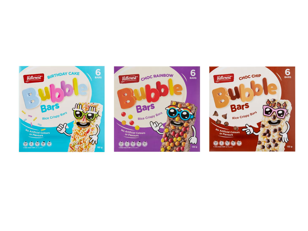 Aldi Stores- Hillcrest Bubble Bars Choc Rainbow, Birthday Cake and Choc Chip Fla...