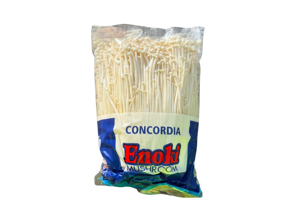 A plastic pouch labelled Concordia Enoki Mushroom 350 g
