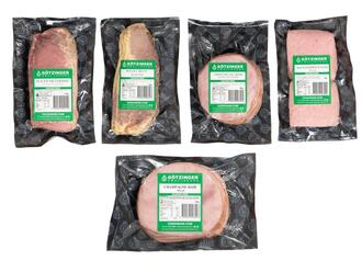 Five plastic packages labelled Gotzinger Sliced Silverside 1kg, Gotzinger Roat Beef Sliced 1kg, Gotzinger Provincial Ham 1kg, Gotzinger 4 x 4 Sandwich Ham Sliced 1kg, Gotzinger Champagne Ham Sliced1kg