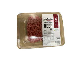 Beef Mince in brown plastic tray, white sticker