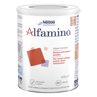 A white tin labelled Alfamino infant formula (0-12 months), 400g