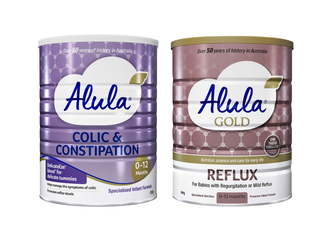 Two tins of infant formula branded Alula Colic and Constipation and Alula Gold Reflux