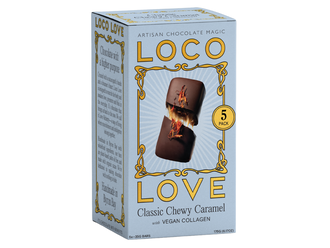 A pale blue cardboard box labelled Classic Chewy Caramel 5 Pack - 175g