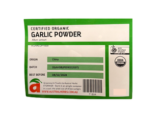 A label describing certified organic garlic powder from Austral Herbs