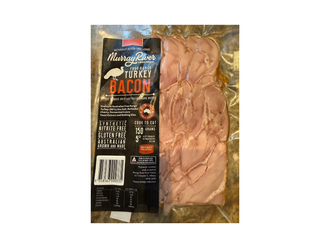 A plastic package labelled Murray River Smokehouse Free Range Turkey Bacon 150 grams