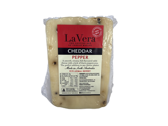 pepper cheese wrapped in plastic with a red and white label