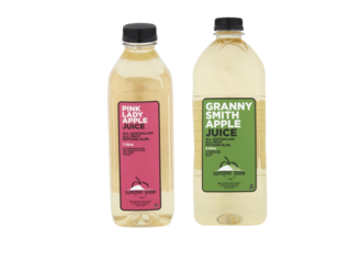 A plastic bottle labelled with Summer Snow Pink Lady or Granny Smith apple juice in 1L and 2L sizes