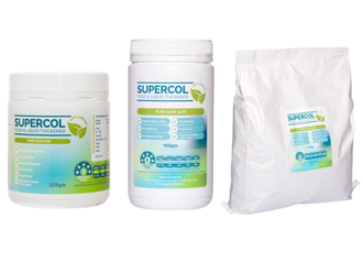 White plastic jars and paper bag of Supercol Thickener in various weights
